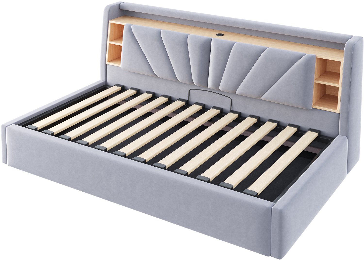 Wishdor Slaapbank 90x200 cm - Hydraulische opbergruimte onder het bed - Rugleuning met opbergvakken en legplank - LED-verlichting en USB-aansluiting - Fluwelen bekleding - Lichtgrijs