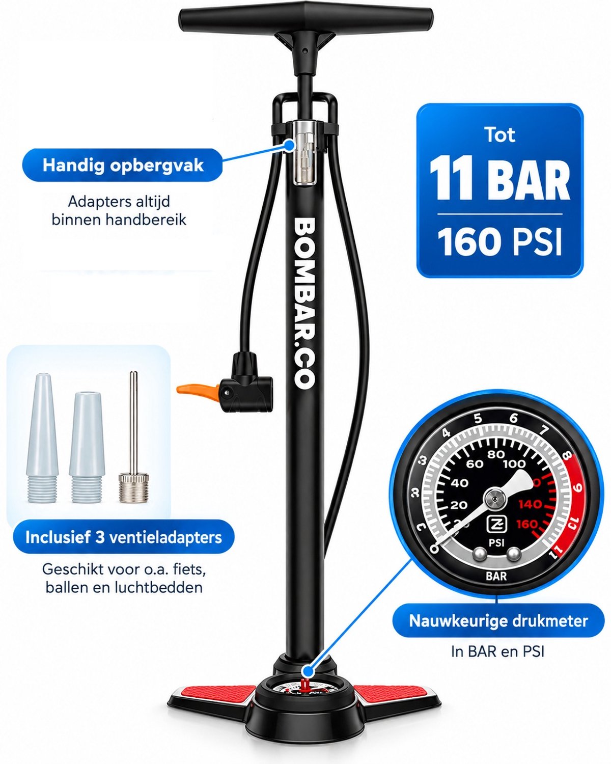 Bol.com BOMBAR – Fietspomp met 11Bar Drukmeter + Extra Ventielen – Multifunctioneel Mondstuk voor Presta & Schräder – 1kg. Alumi... aanbieding