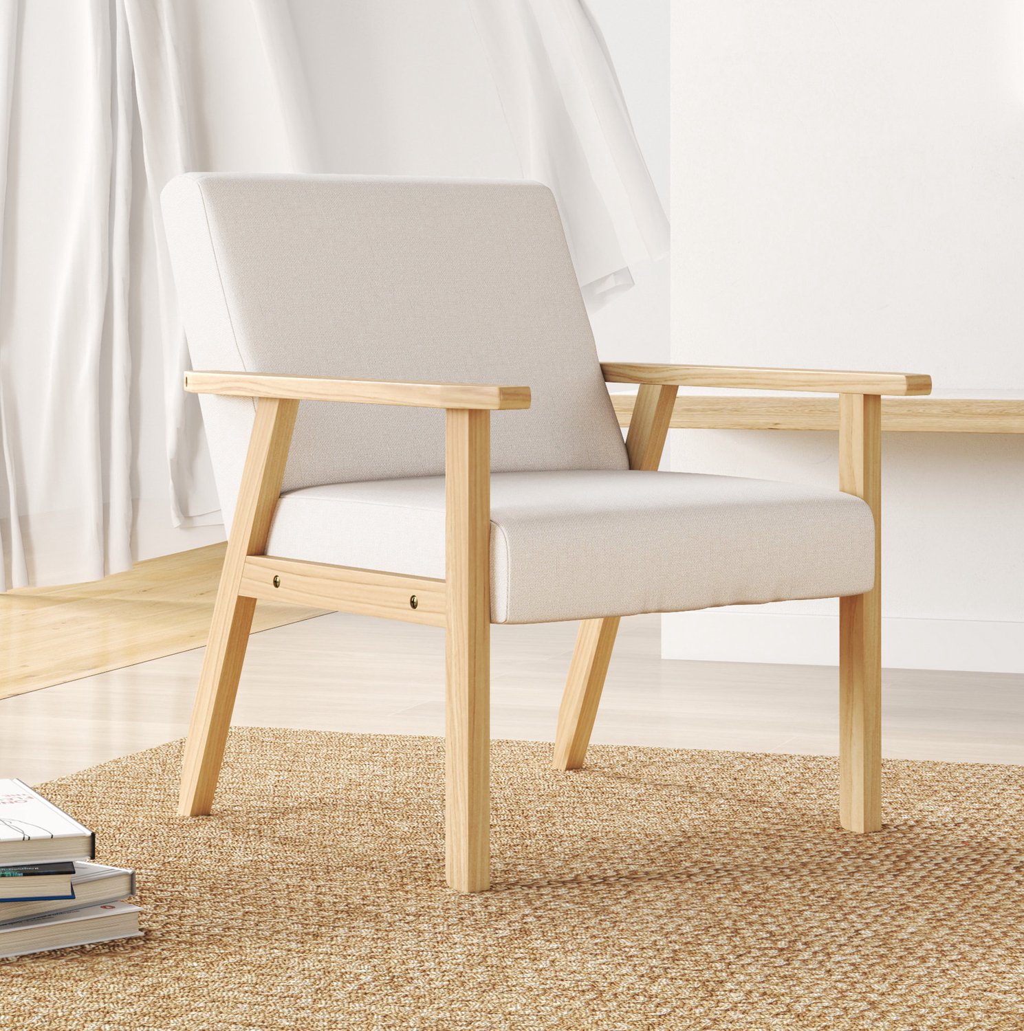 MIVRAY Fauteuil 64 x 70 x 72 cm - met Armleuningen en Twee Zachte Kussens - voor Woonkamer en Slaapkamer - Linnenlook en Hout - Crèmewit