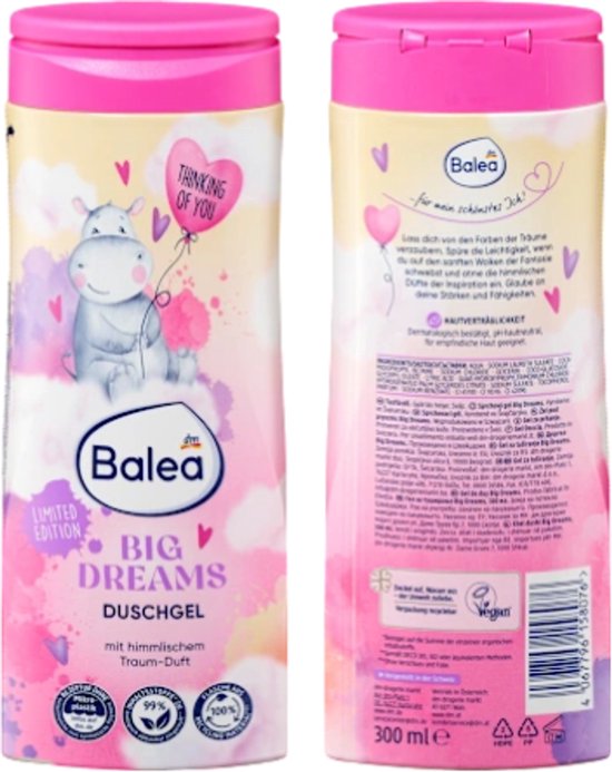 Balea Big Dreams douchegel, limited edition, met een afbeelding van een nijlpaard en de tekst "Thinking Of You".