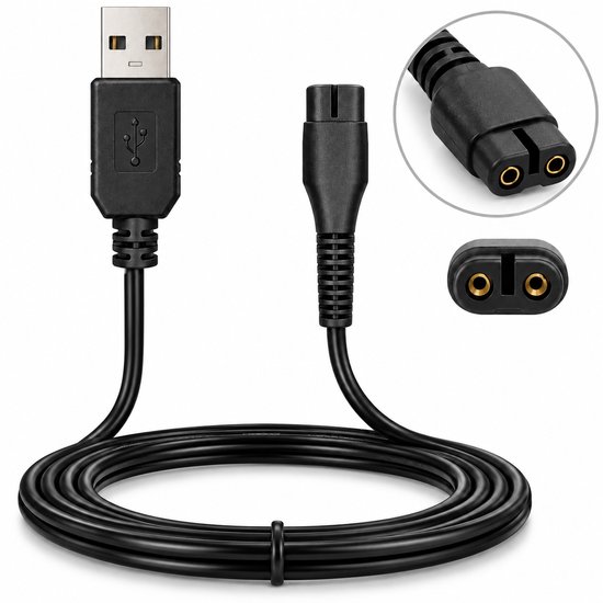 Oprolbare zwarte oplaadkabel met USB-A stekker en 2-pins connector.