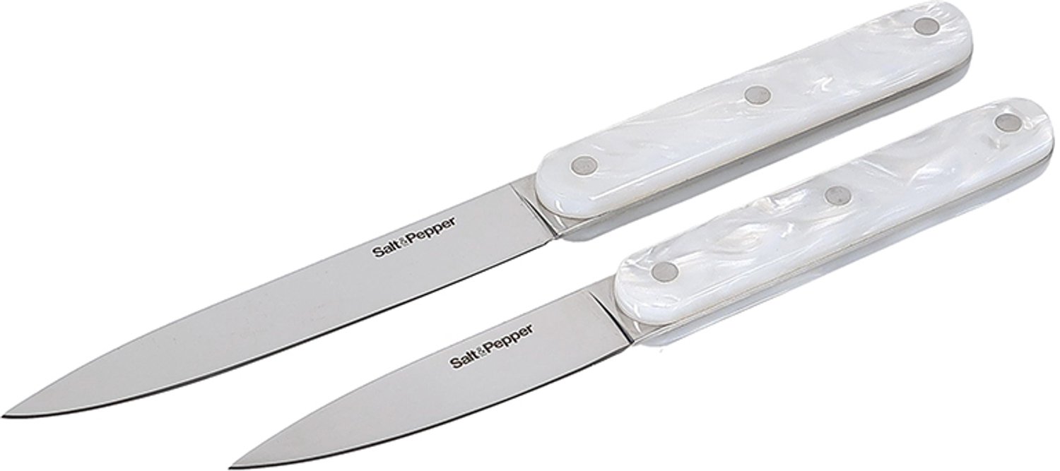 Fameilleur messenset 2-delig parelmoerlook wit Chop - roestvrijstalen scherp keukenmes, voor snijden van vlees, vis, groente en brood, vaatwasserbestendig, voedselveilig, keukengerei voor thuis, restaurant en horeca, mooi als cadeau