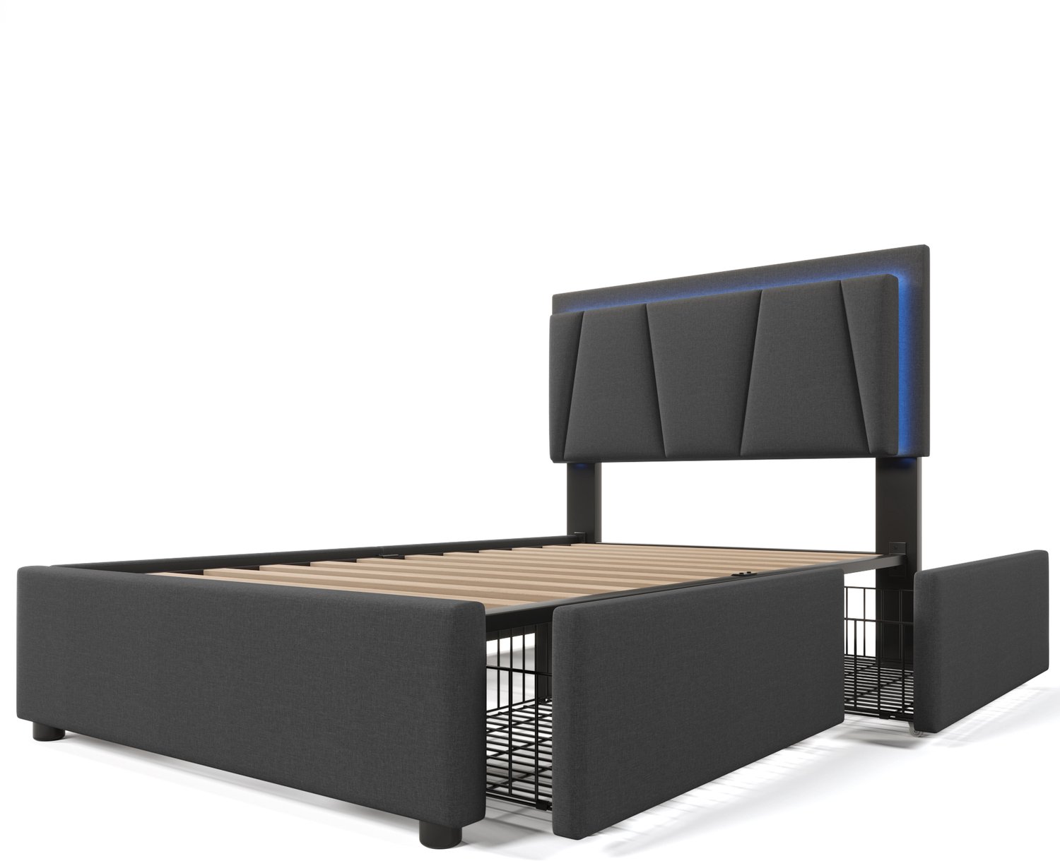 MUVANO Gestoffeerd eenpersoonsbed 90x200 cm - Bedframe met led en 2 lades - Houten lattenbodem - Verstelbaar hoofdbord - Slaapkamer - Grijs