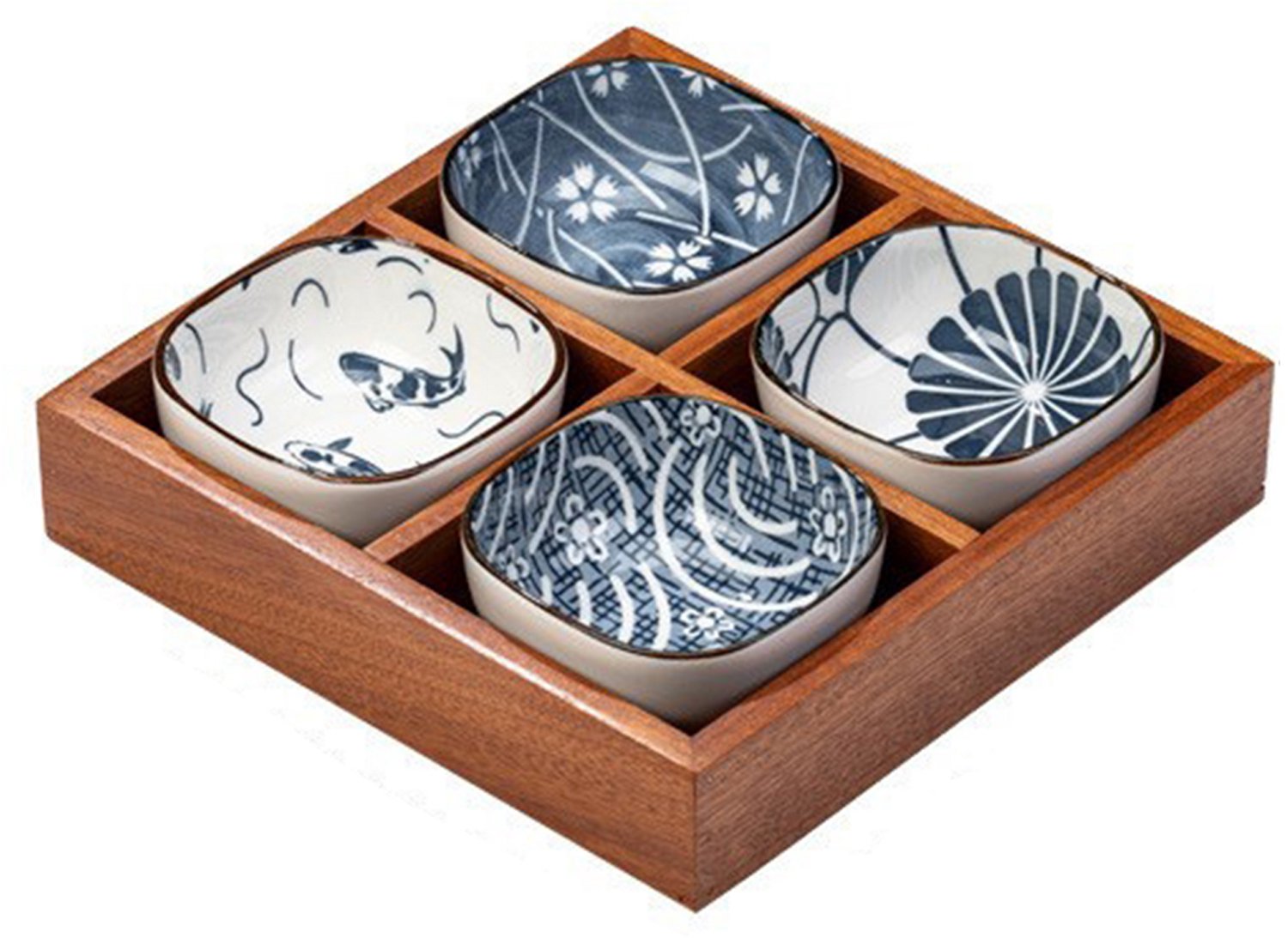 Set van 4 Snackkommen Porselein op Dienblad met houten serveertray, blauw-wit servies met 4 vakken, voor snacks, sushi, tapas, sausjes en hotpot ingrediënten, elegant design met gladde houten basis voor stijlvol serveren