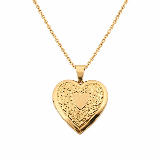 Goudkleurig hartvormig medaillon met gedetailleerd bloemmotief aan een fijne ketting.