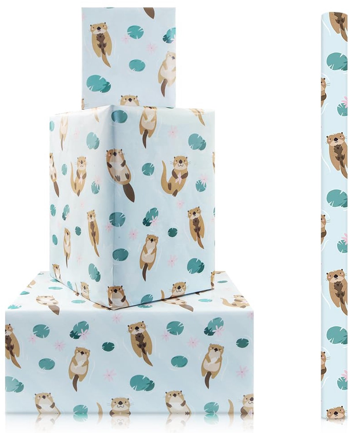 Otter Inpakpapier Rol, Schattige Otter met Groene Bladeren en Roze Bloemen - Mini Rol van 43 x 300 cm voor Dierenthema Geschenken
