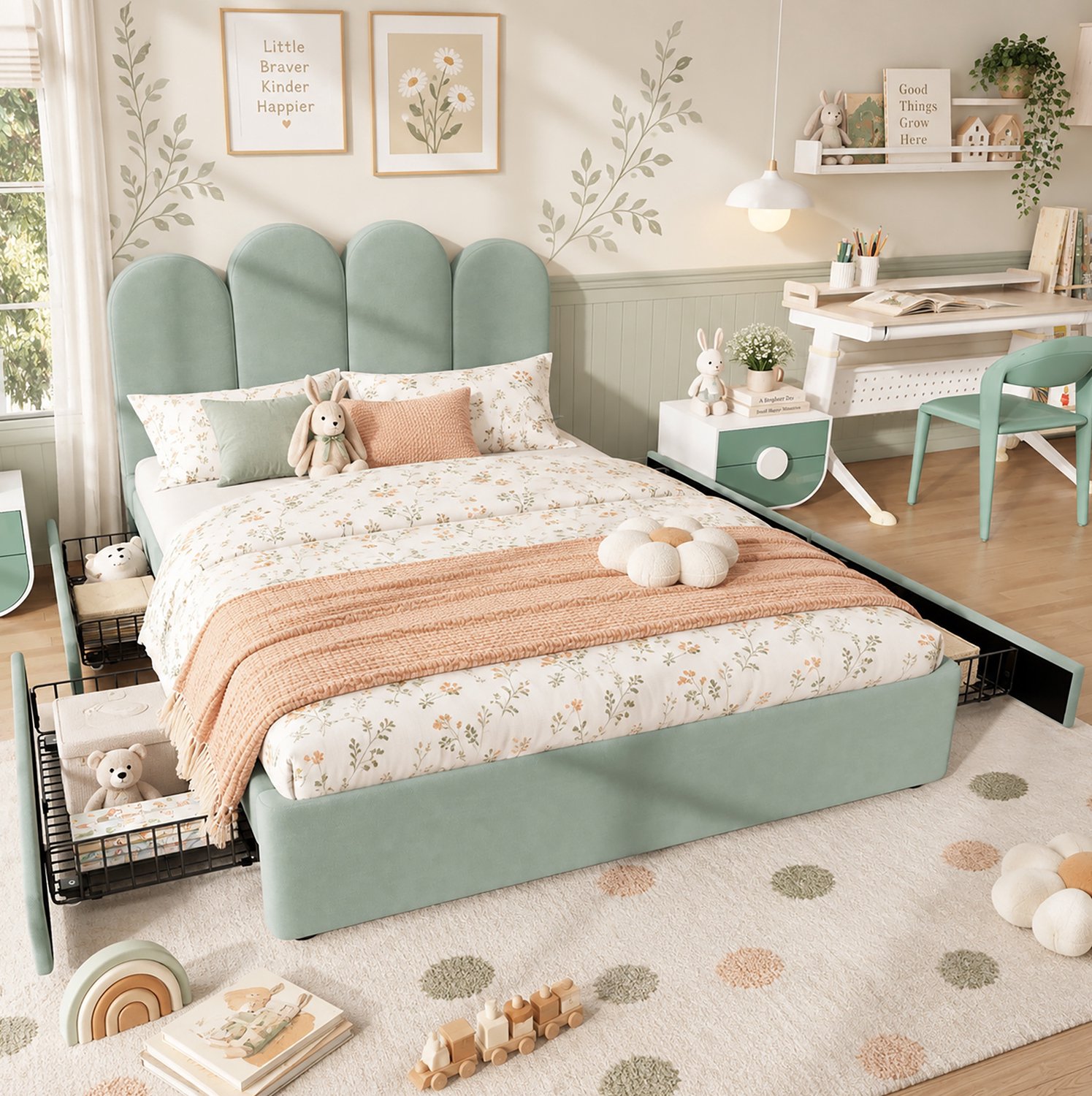 OKWISH Gestoffeerd Bed 140 x 200 cm - Tweepersoonsbed met Gebogen Fluwelen Hoofdbord - Met Vier Opberglades en Lattenbodem - Zonder Matras - Lichtgroen