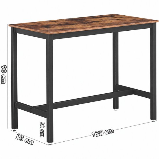 Bruine bartafel met een houtnerf patroon en een zwart metalen frame. Afmetingen: 120 cm breed, 53 cm diep, 90 cm hoog.