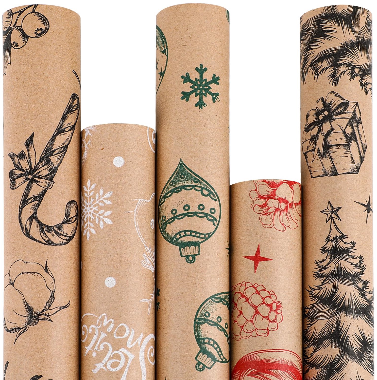 5 Rollen Kerstcadeaupapier van 3 m x 43,2 cm