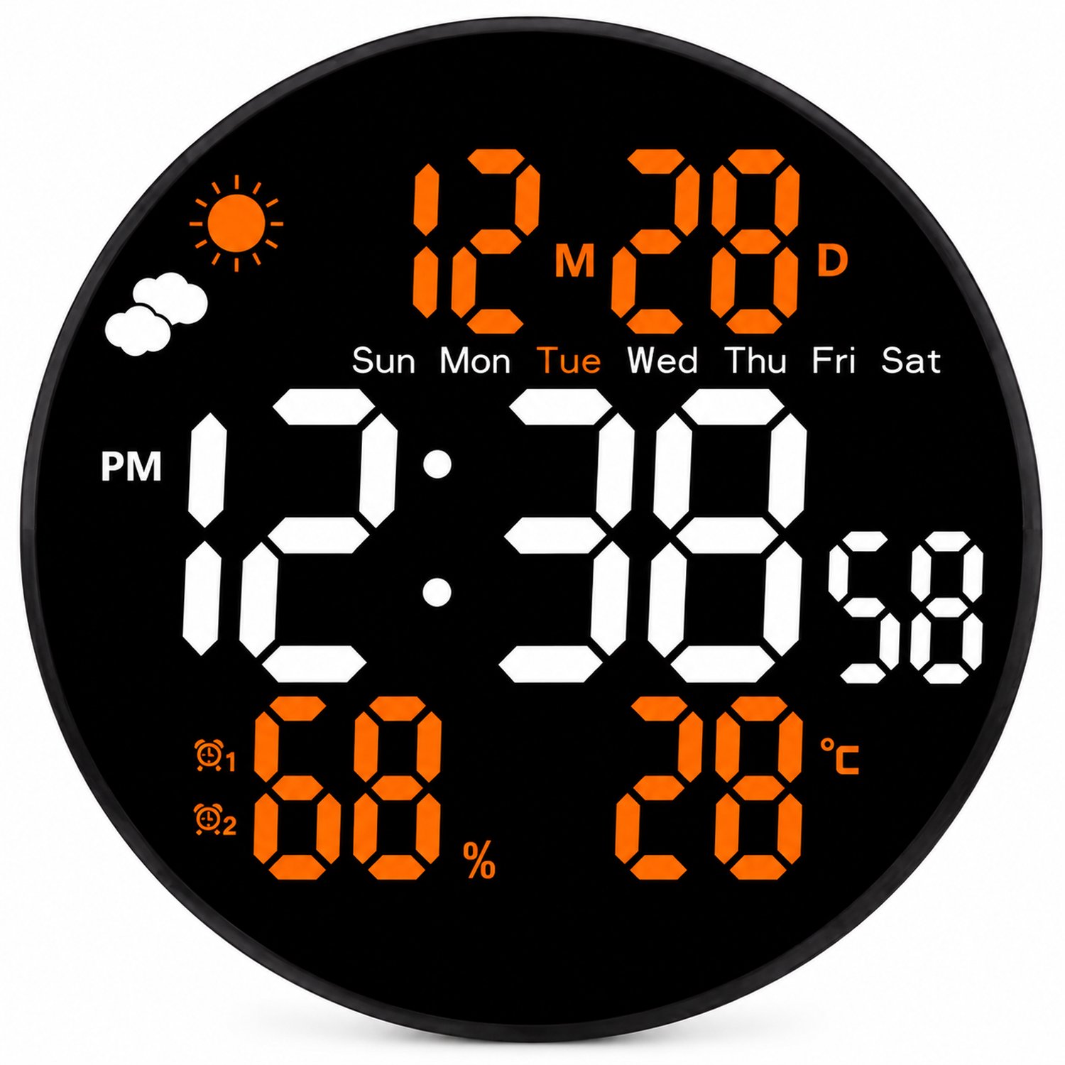 wekker met digitaal LED-display - maand, datum, weekdag, temperatuur en luchtvochtigheid - staand of hangend - oranje uitvoering - bedrukte doos