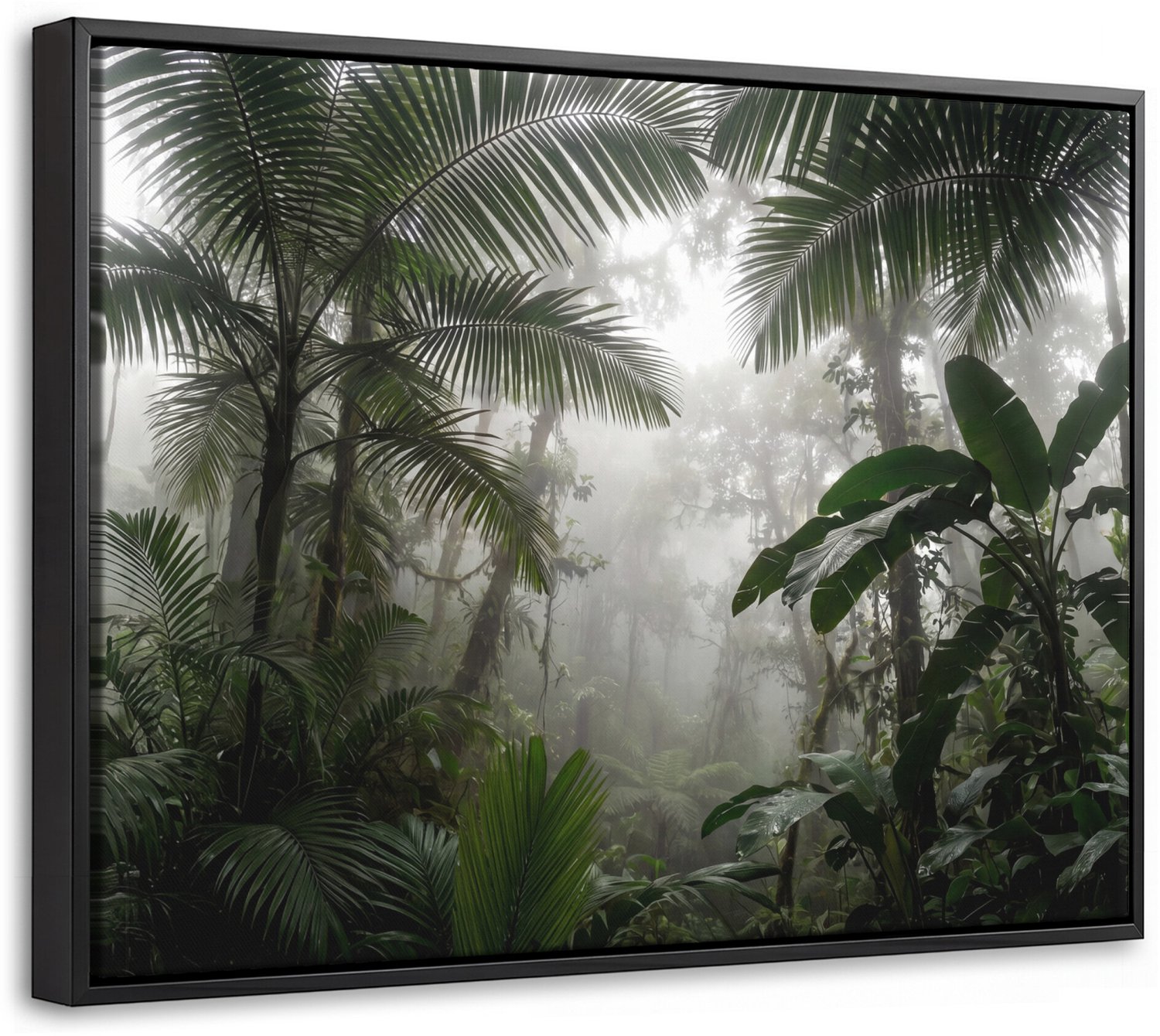 Canvas Schilderij met Baklijst - Natuur - Jungle - Mist - Groen - Bladeren