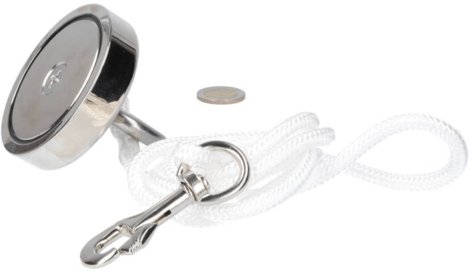 Neodymium Vismagneet Ø75 x 20 mm 175 kg Trekkracht NiCuNi – Set met 20 m Touw, Oogmoer, Bout en Musketon
