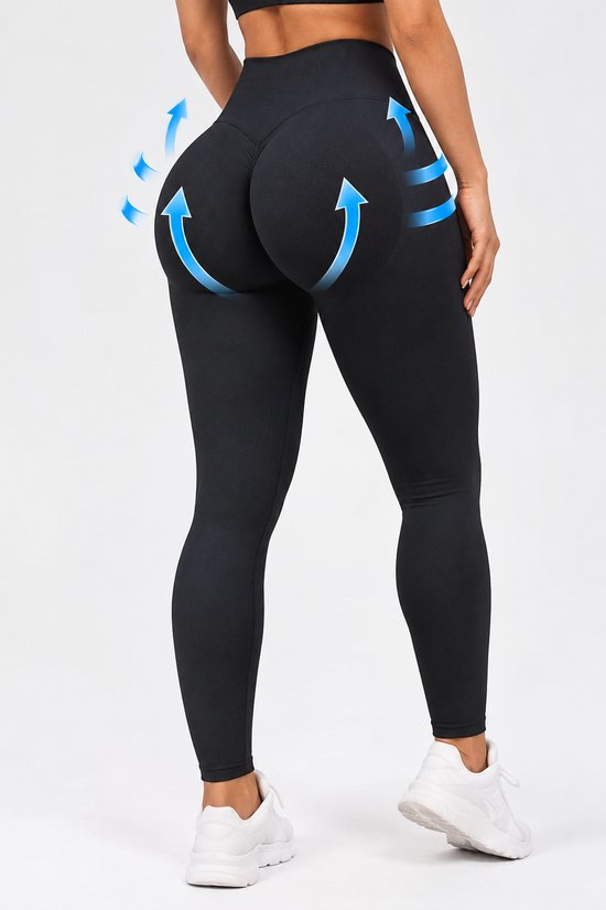 Zwarte sportlegging met blauwe pijlen die het push-up effect benadrukken.