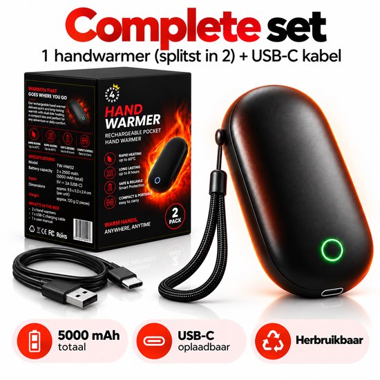 Twenty4seven® Handwarmers Oplaadbaar 5000 mAh - Magnetische Handverwarmer Herbruikbaar met 3 Warmtestanden en USB-C - Warme Handen op de Fiets & Buiten — cadeau in Sport & Outdoor - foto 4
