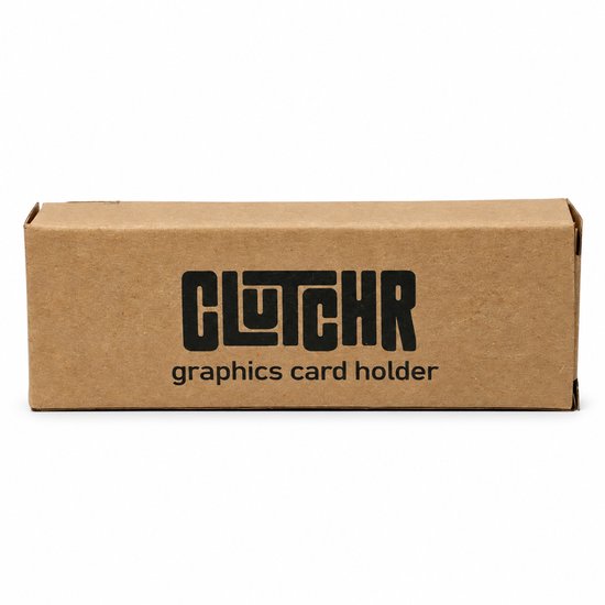 Bruine kartonnen verpakking met zwart CLUTCHR logo en de tekst graphics card holder.