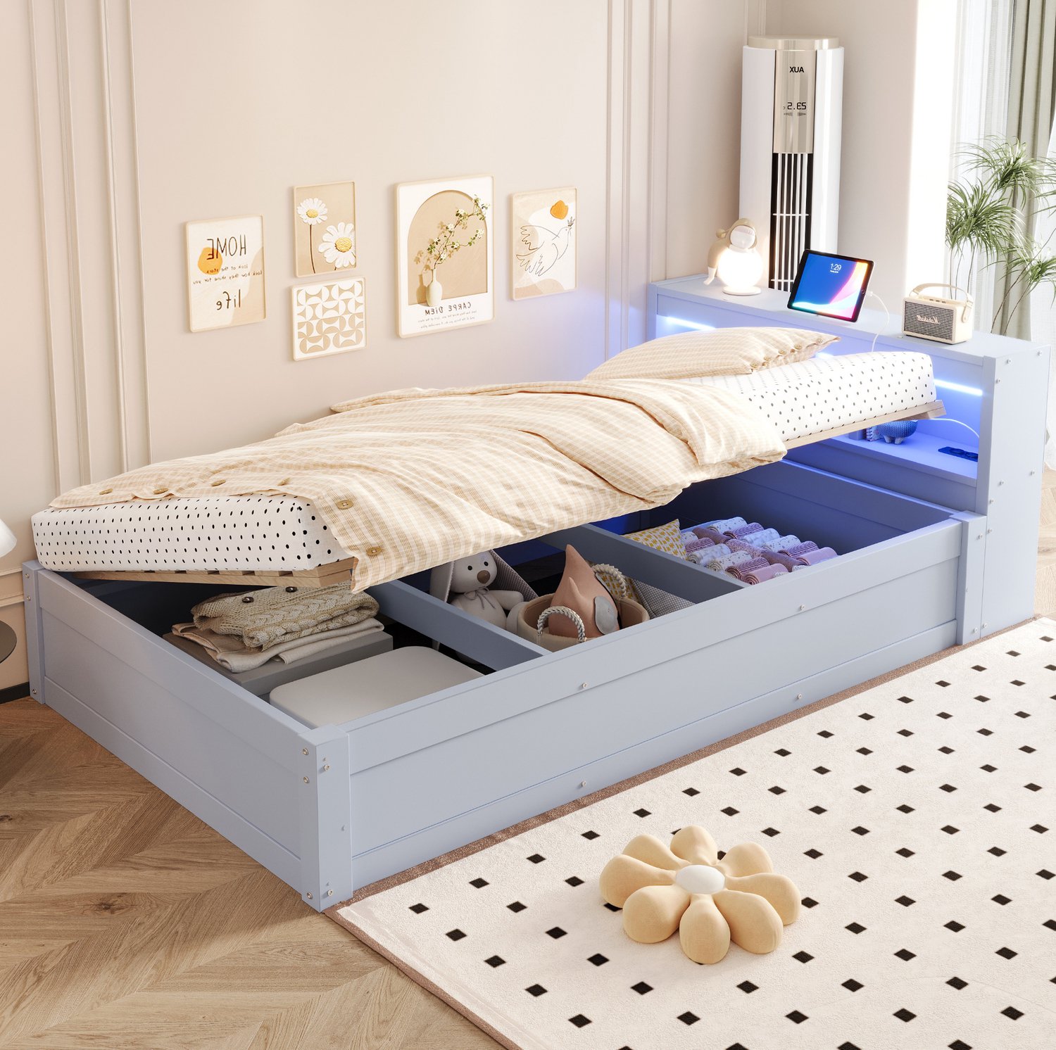 Wishdor Eenpersoonsbed 90x200 cm - Hydraulische opbergruimte - Hoofdbord met stopcontact en opbergvakken - LED-verlichting op muziek - Modern voor de slaapkamer - Hout en MDF - Grijs