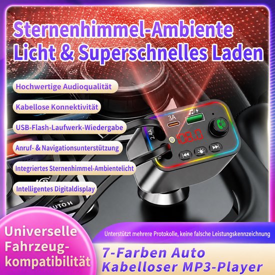 Transmiter Bluetooth-FM do samochodu, PD 3.0/PP/PPSQC 4.0+AFC – transmiter samochodowy z funkcją szybkiego ładowania Transmiter Bluetooth-FM do samochodu z dwoma chowanymi kablami, podświetleniem ambientowym RGB oraz funkcją szybkiego ładowania PD — afbeelding 2