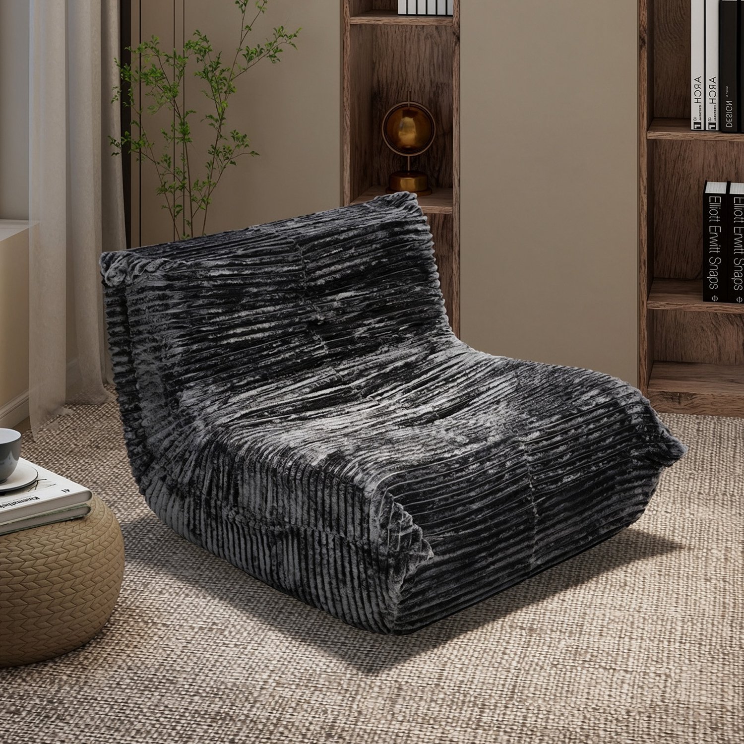 Puluomis Zitzak sofa - Fauteuil met Poef - Flueel Fleece - 30D spons - 90x100x69cm - Donkergrijs