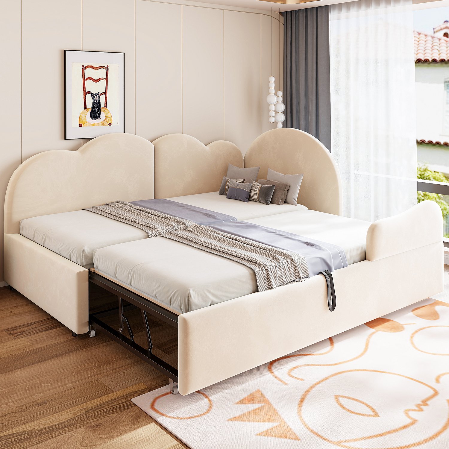 WUVRIE Uitschuifbare slaapbank 90x200 cm - L-vorm en wolkvormig hoofdbord - Beige fluweel