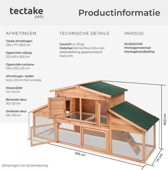 Overzicht met productafmetingen van het 226 cm lange houten konijnenhok met bitumen dak.