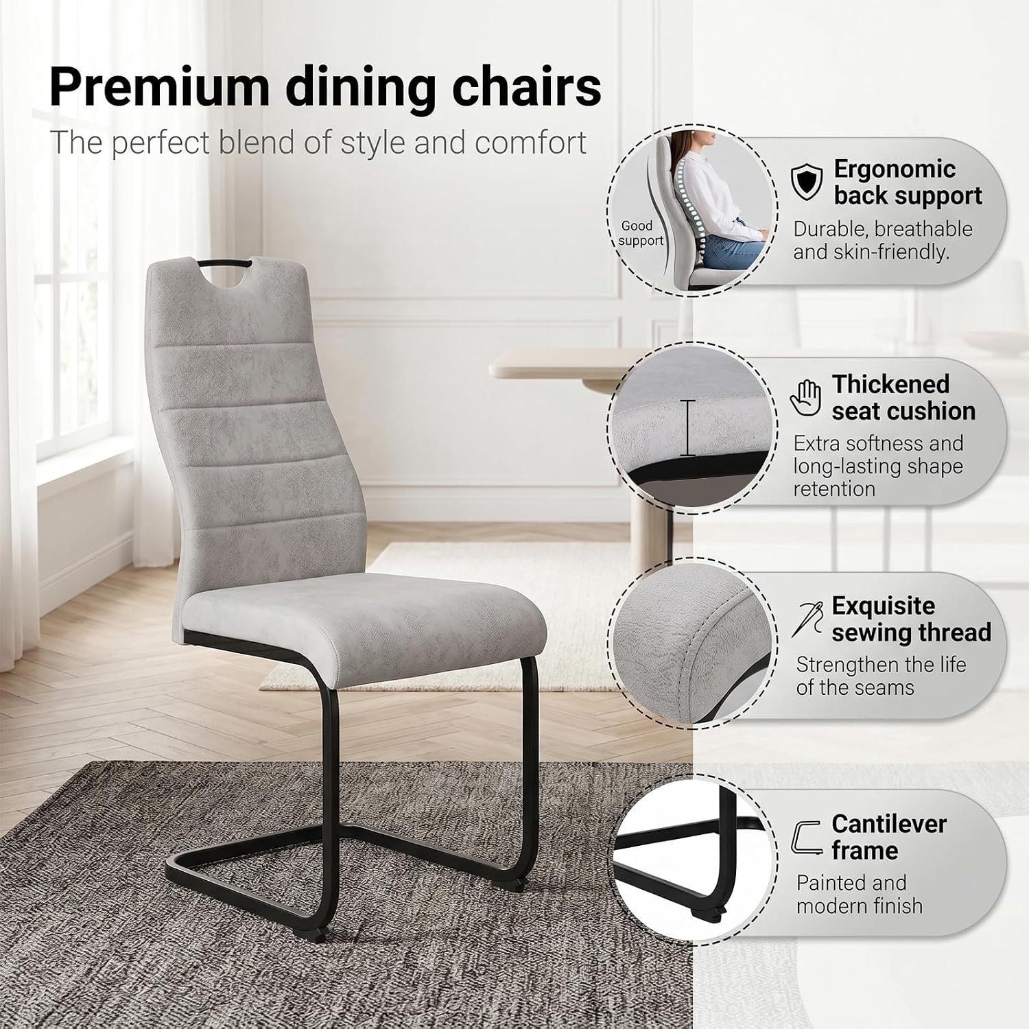 Laurahomestore Elegance Eetkamerstoelen Set van 6 – Lichtgrijze Gestoffeerde Cantilever Stoelen met Hoge Rugleuning, Zwarte Metalen Sledeframes, Comfortabele Vulling, 150 kg Draagvermogen per Stoel, Moderne Keukenstoelen en Eetkamerstoelen