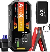 AutoXtreme Boost Pro 8250, startkabels en opbergkoffer tegen een witte achtergrond.