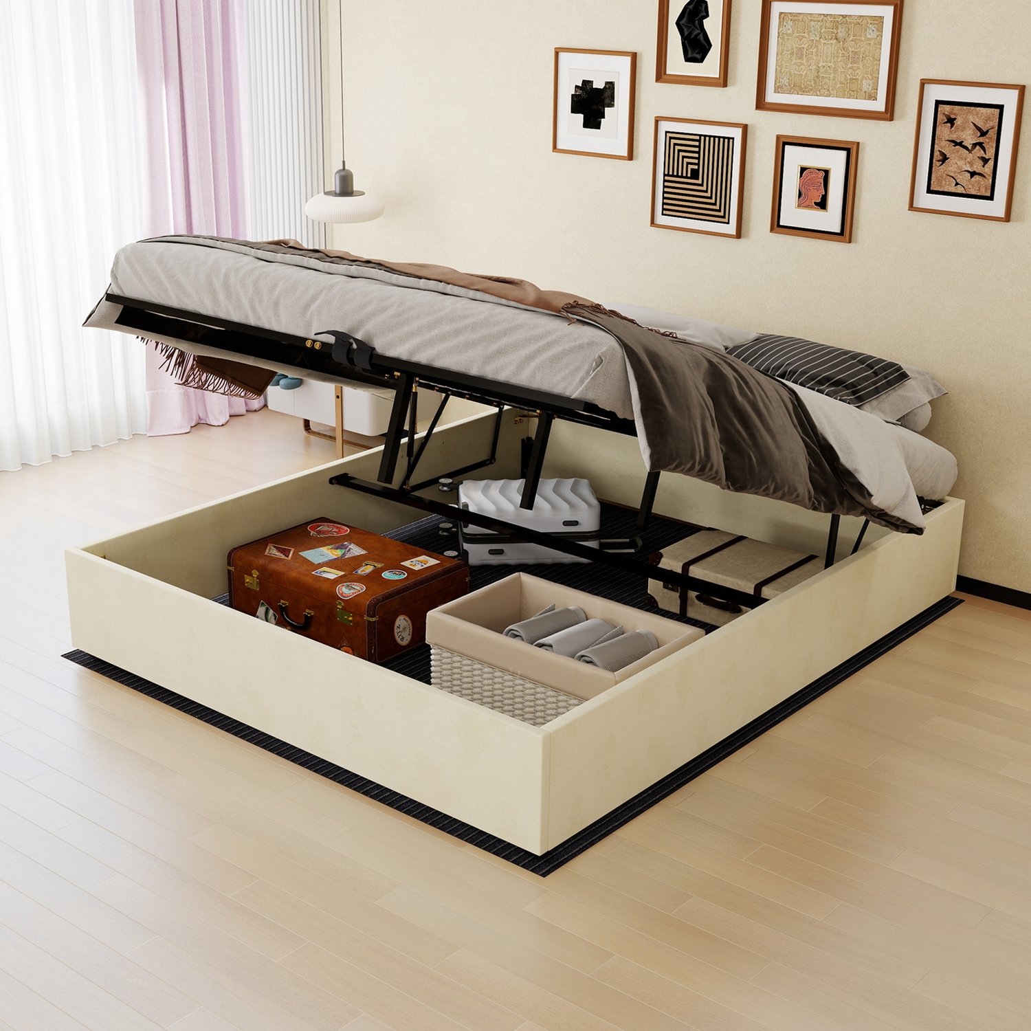 WUVRIE Bedframe 160x200 cm - Opklapbare bodem met opbergruimte - Inclusief matras - Beige