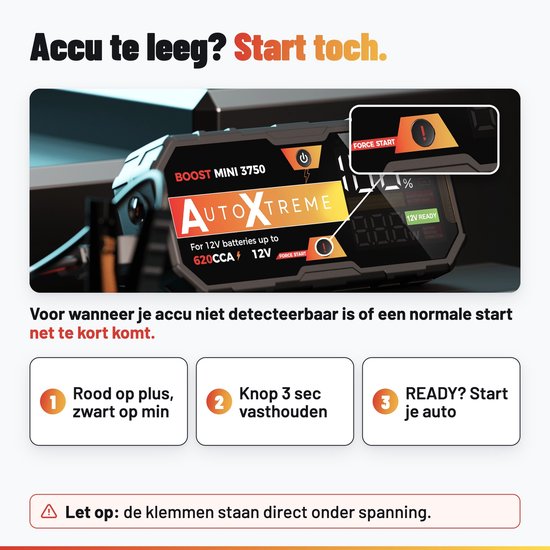 AutoXtreme starthulp met Force Start functie voor lege accu's, inclusief stappenplan voor veilig gebruik.