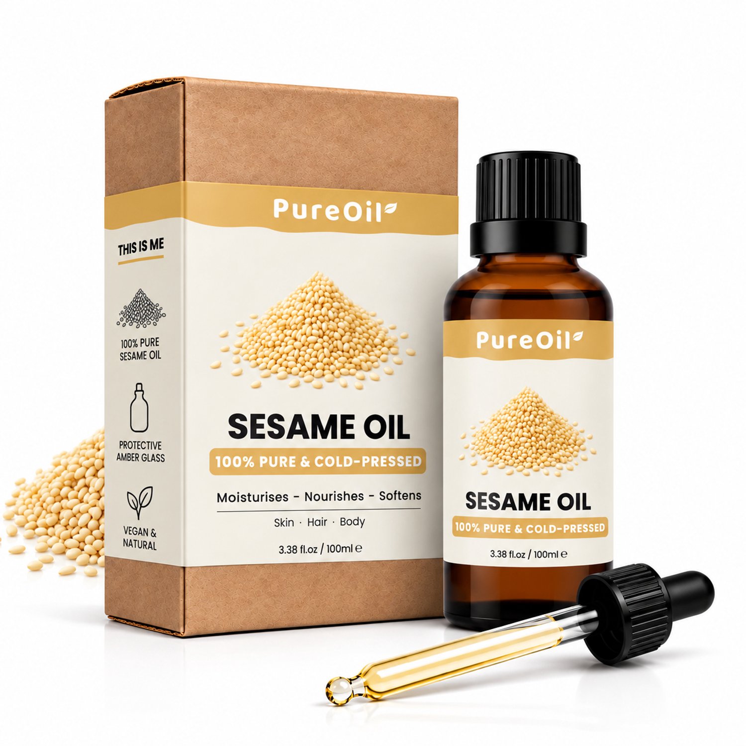 PureOil – Sesamolie – 100ml – Koudgeperst & Hexaanvrij – 100% Puur, Natuurlijk & Vegan – Voor Haar | Huid | Gezicht | Scalp | Wimpers | Wenkbrauwen | Nagels | Massage - Haarolie - Massage Olie - Incl. Ebook