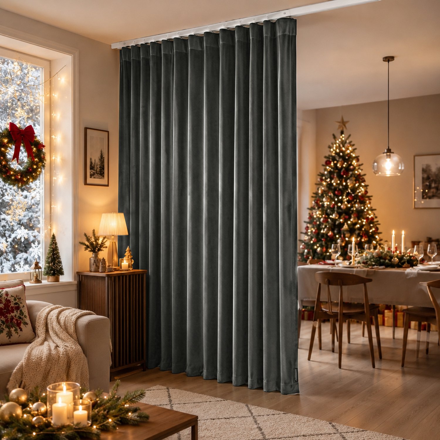 MUPOO Gordijn met Flexibele Plafondrail en 1 Paneel - Scheidingsgordijn van Polyesterfluweel met 75% Lichtdemping - Velours Gordijn voor Slaapkamer, Woonkamer en Kast - Donkergrijs - 254 x 214 cm - 1 Stuk