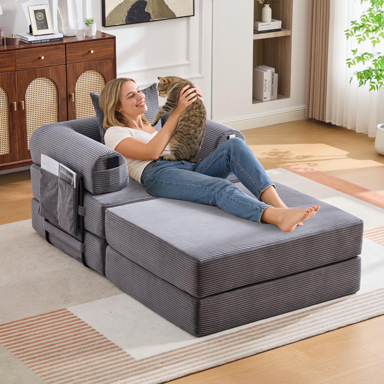 Welltin Fauteuil met hocker - metalen frame - opbergvak en kussen - 300 kg - ribstof - 112 x 190 x 67 cm - Donkergrijs