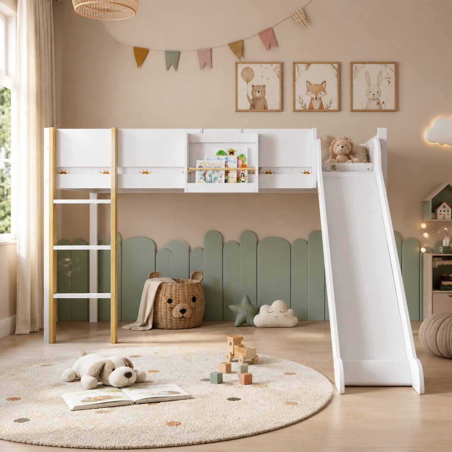 WUVRIE Hoogslaper 90x200 cm - Met glijbaan, ladder en afneembaar rek - Wit/naturel Wit en naturel