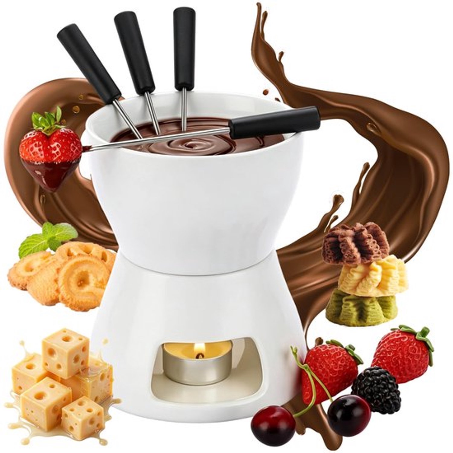 Keramische Chocolade Fondue Pot Set 400ml, Chocolade Fondue Mok met 4 Vorken