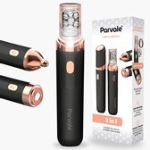 Parvale 3-in-1 epilator in zwart en roségoud met drie opzetstukken en bijbehorende verpakking.