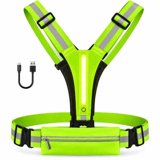Neon geel LED-hardloopvest met USB-C oplaadkabel en heuptas.