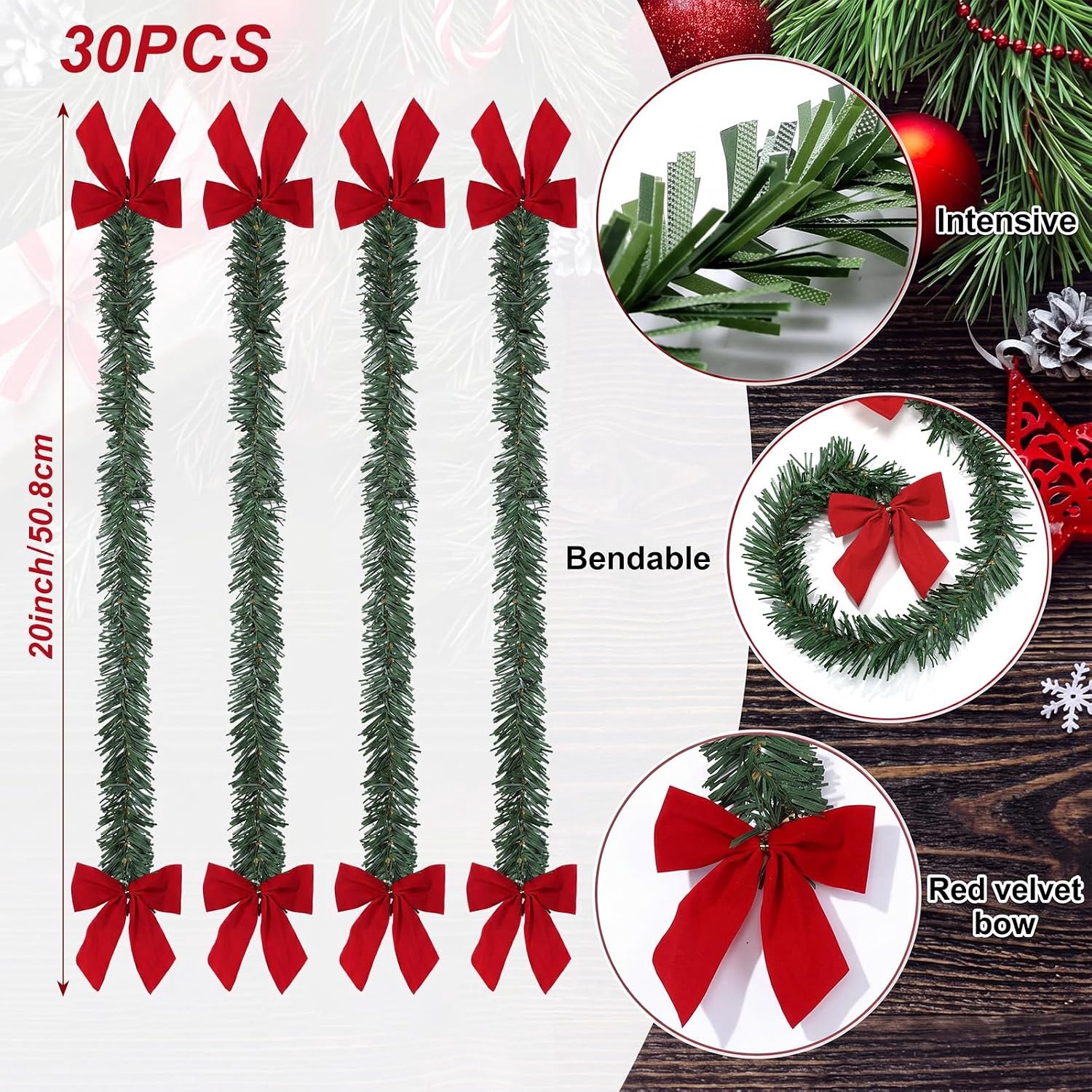 Kerstslinger - 30 Kerst-Bevestigingsbinders met Rode Strik - Kerstguirlande - Ca. 50 cm - Herbruikbaar - Feestelijk - Voor Trapleuningen, Kransen, Slingers & Cadeauverpakking - Kerstdecoratie voor binnen – foto 6