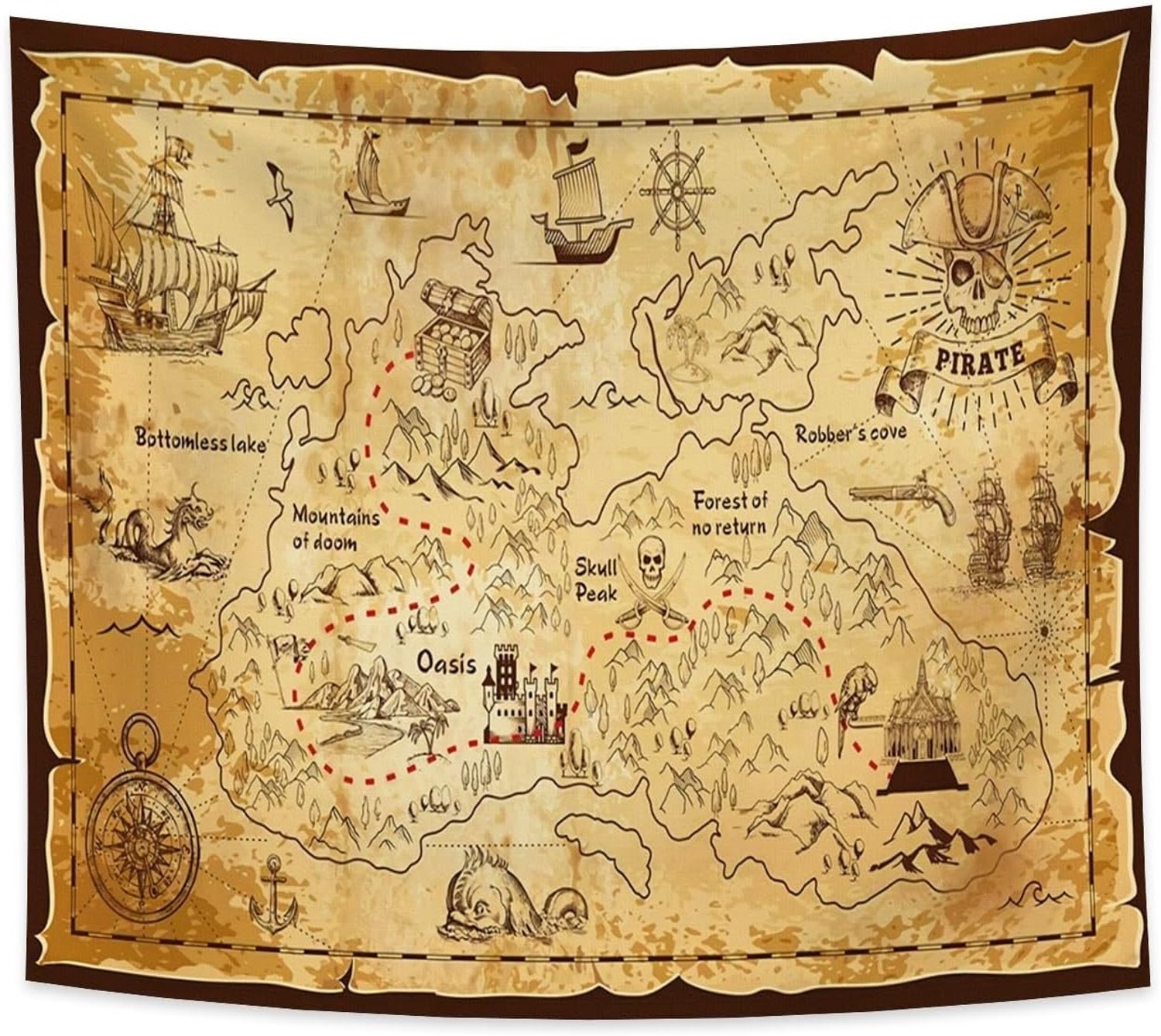 Wandtapijt 150x130cm - Handgeschilderde Piratenkaart - Duurzaam Polyester - Slaapkamer Decoratie - ServiceTopper