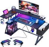 Gaming Bureau met LED Verlichting - 100 X 88 X 65 cm - L-Vormig Hoekbureau met Stopcontacten - Compact Game Bureau - Rek met 3 Niveaus - Met Monitor Standaard - Zwart Koolstofvezel