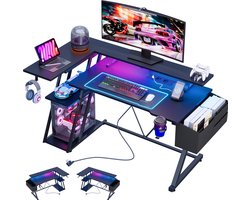 Gaming Bureau met LED Verlichting - 100 X 88 X 65 cm - L-Vormig Hoekbureau met Stopcontacten - Compact Game Bureau - Rek