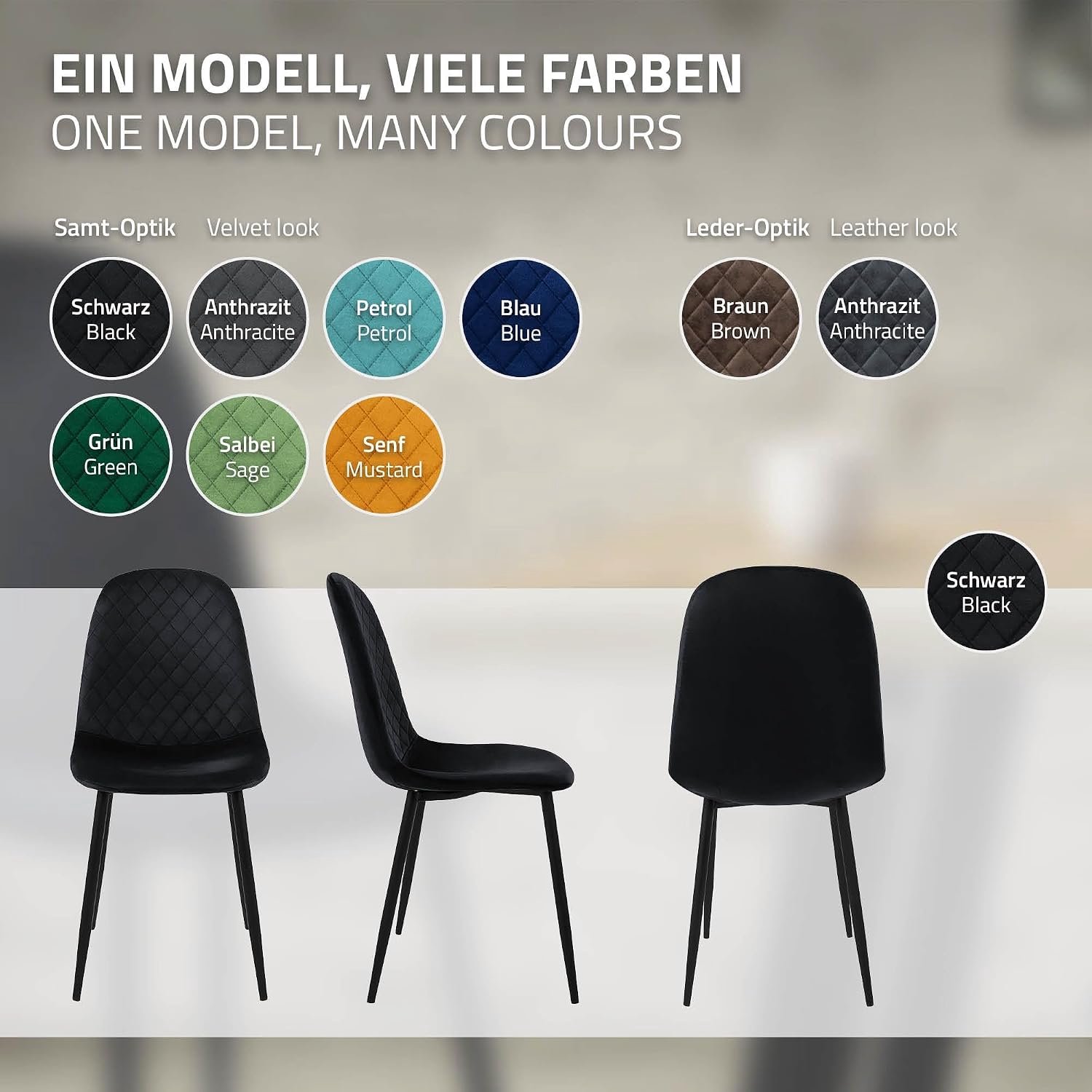 VelvetLuxe Eetkamerstoelen Set van 4 – Zwart Fluweel met Diamantpatroon, Ergonomische Rugleuning, Gestoffeerde Keukenstoelen met Metalen Poten, Scandinavisch Retro Design, Zithoogte 48 cm, 120 kg Draagvermogen