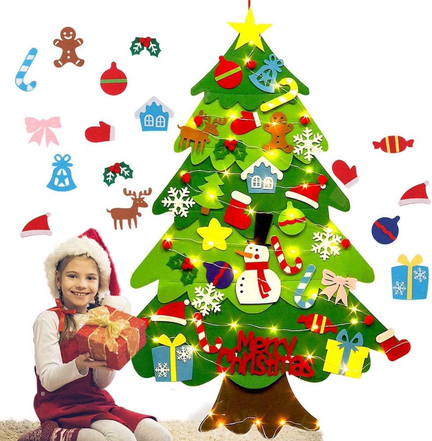 Vilten Kerstboom - DIY kerstdecoratie - kerstboom met verlichting - DIY Vilt Kerstboom - Vilten kerstboom set - kerstboom met verlichting - kinderen kerst diy wandophanging - 98*70CM