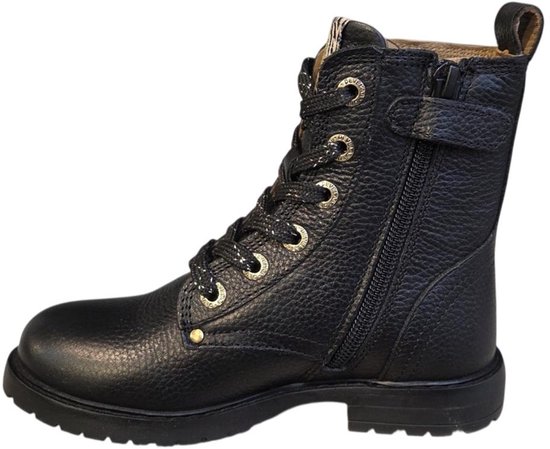 Zwarte leren Develab bikerboot met rits aan de zijkant en veters met glitters.