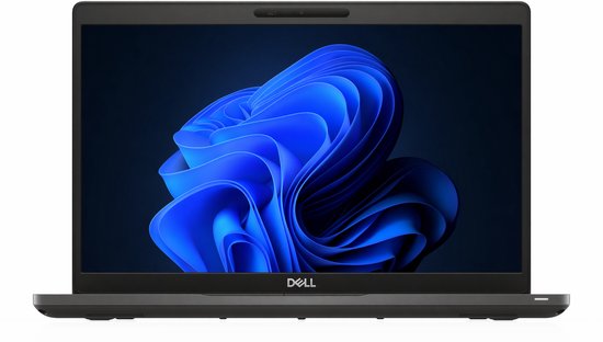 Vooraanzicht van een zwarte Dell laptop met een helder blauw abstract bureaublad.
