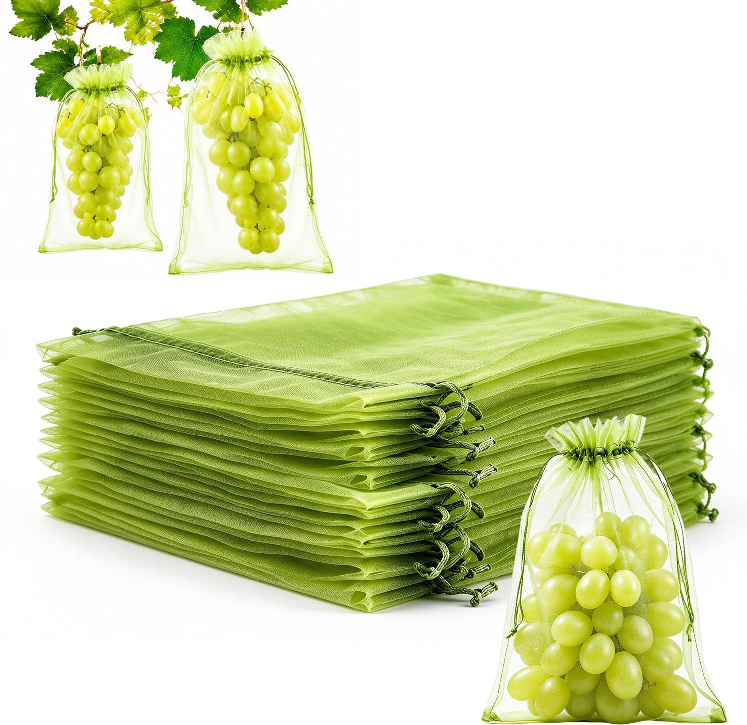 Organza netzakjes groen 100 stuks 20×30 cm met trekkoord - Multifunctionele ongediertebarrière zakjes voor planten fruit groenten, sieraden snoep en cadeaus