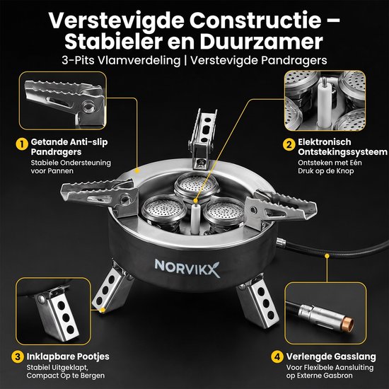 Krachtige 3-Pits Camping Gastank Brander - Compact & Opvouwbaar Outdoor Kooktoestel - Inclusief Waterbestendige EVA Draagtas - Snel en Efficiënt Koken voor Onderweg, Kamperen en Picknick - Zilver — afbeelding 3