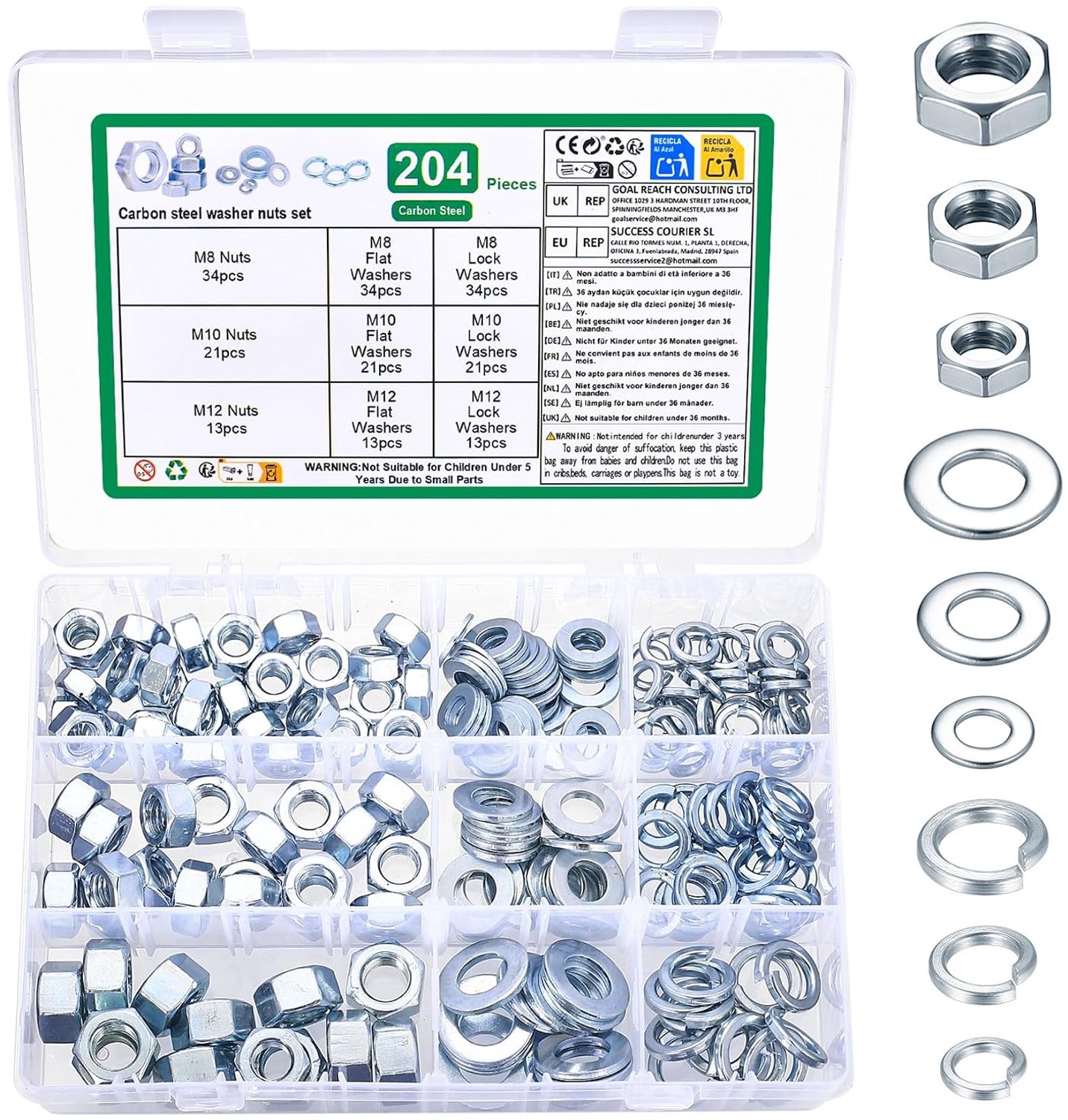 204PCS M8 M10 M12 Silver Hex Nuts Set & Flat Washers Lock Washers Assortment & Spring Washers Set: 68 Attachment - ShopVlot