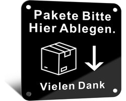 TAKULA Package Box Sticker Packs Here Ablegen Sign, 10 x 10 cm Aluminium Metal Sign, Self Adhesive Sign on Front Door - ShopVlot