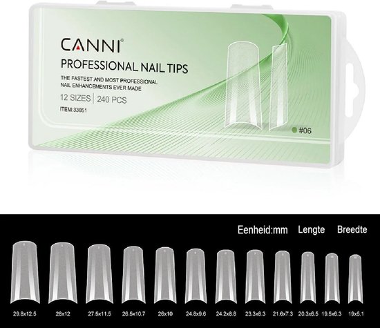 CANNI professionele nageltips, 240 stuks in 12 maten, gepresenteerd in een groene doos met maattabel.
