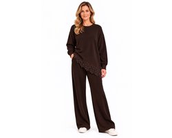 Elegant en gebreide dames 2 delig Set-Huispak-Kledingset-Modal/Viscose-Geribde manchetten-Rond-hals-Steekzak-Herfst/Winter-One size M/L (38/40)-NG87350 Choco