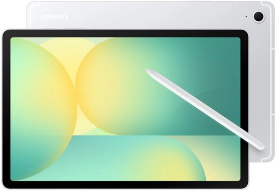 Zilverkleurige Samsung tablet met S Pen op het scherm, dat een groen en geel abstract ontwerp toont.